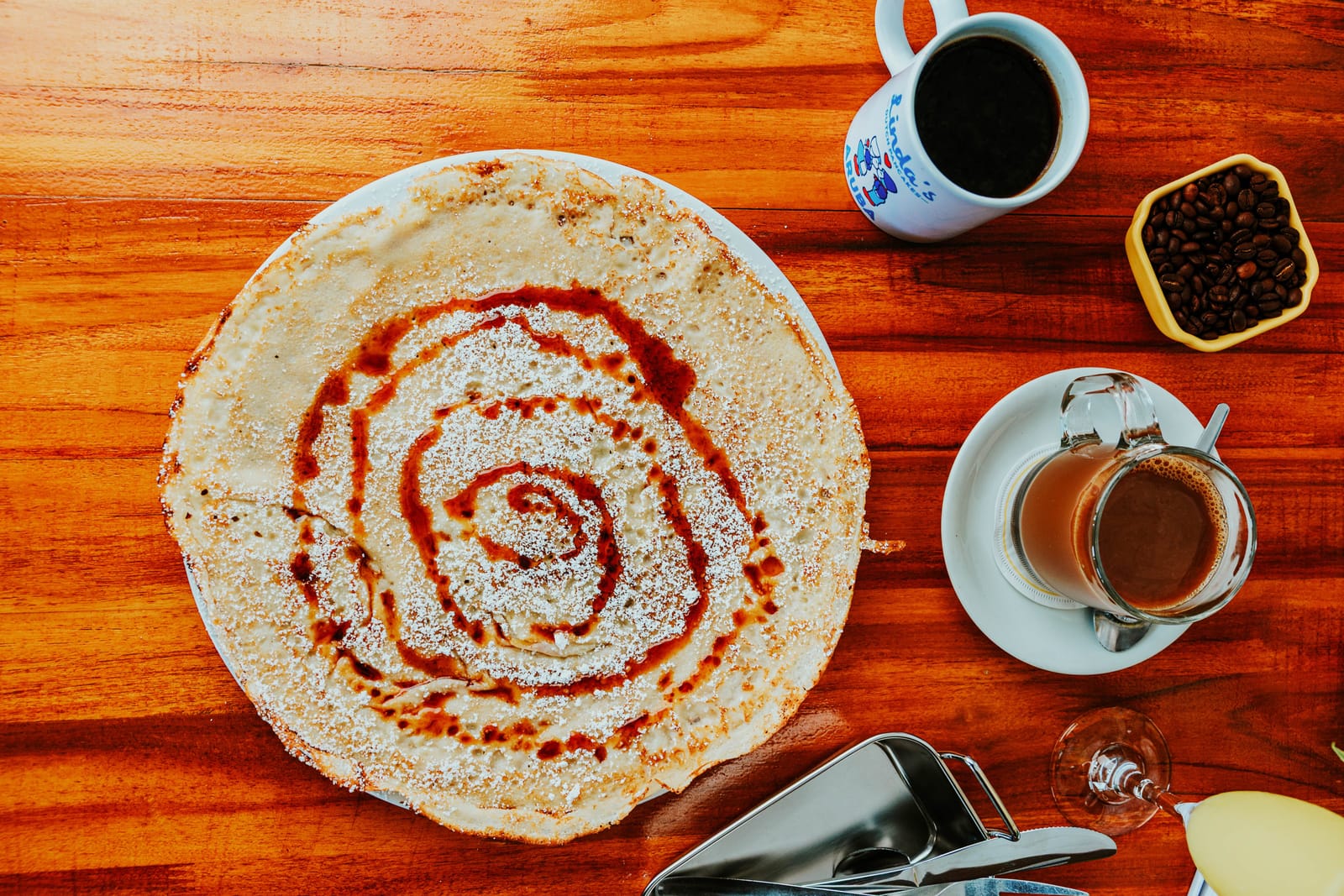 Overhead pancake and coffee