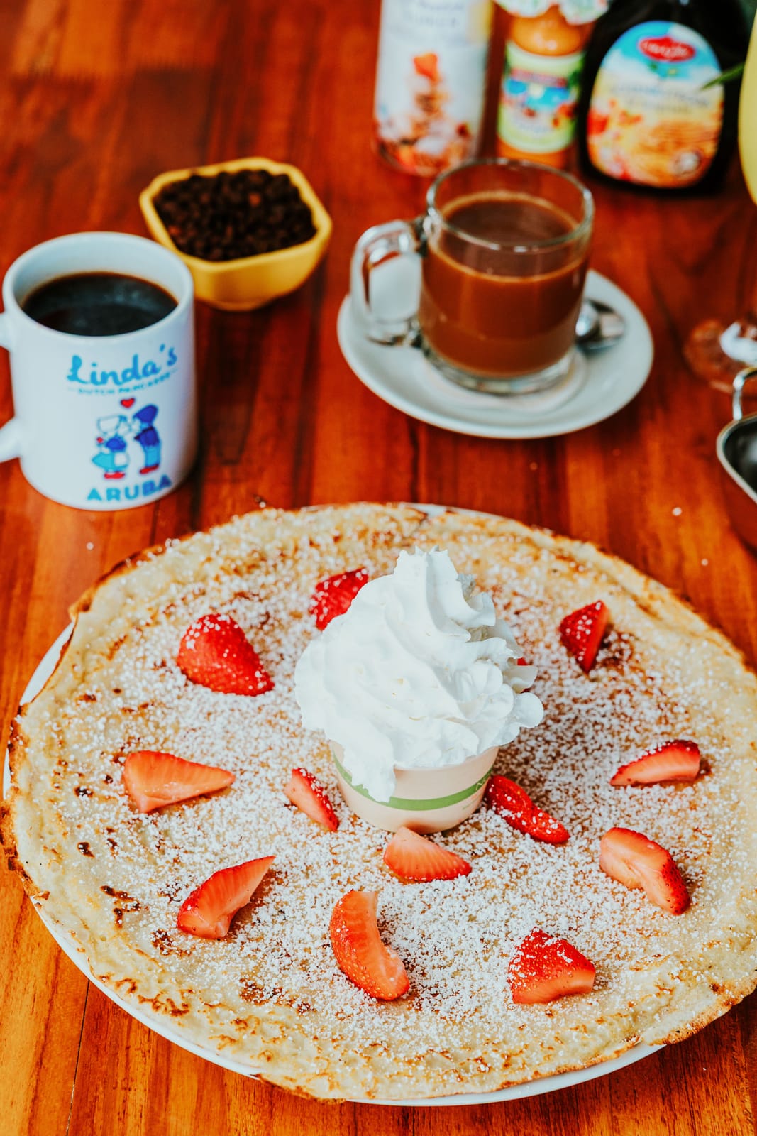Dutch pancake with fresh strawberries and whipped cream at Linda's