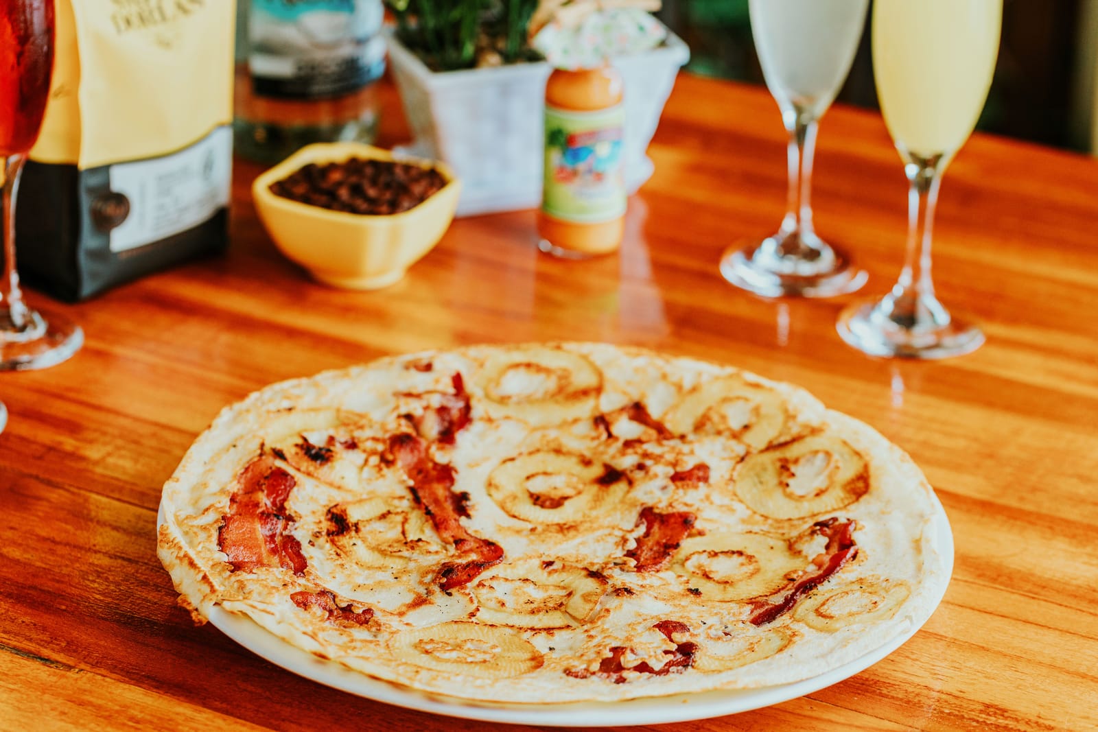 Bacon apple pancake with mimosas